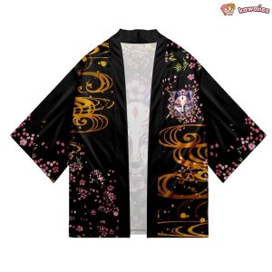 Japanese-themed White Fox Mask Sakura Unisex Kimono