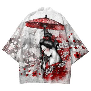 Japanese-themed White Kimono Lady Red Sakura Unisex Kimono