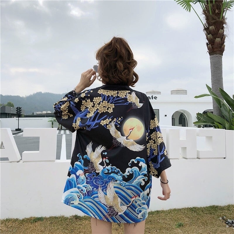Kanagawa Wave Crane Women Kimono - Image 2