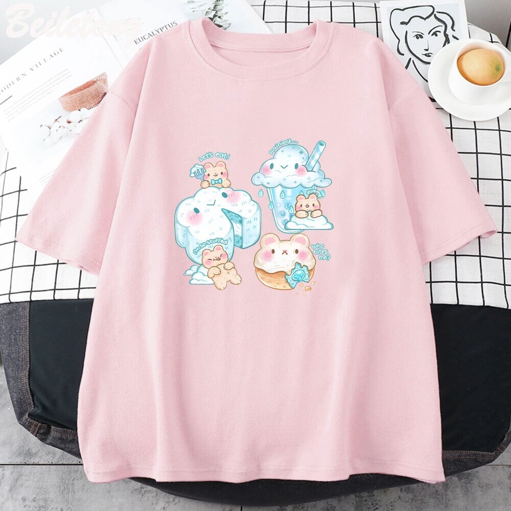 Kawaii Cloudy Snacking Brown Bear Unisex Tee - Image 2