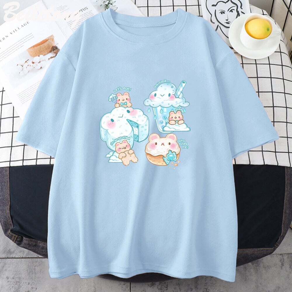 Kawaii Cloudy Snacking Brown Bear Unisex Tee - Image 3