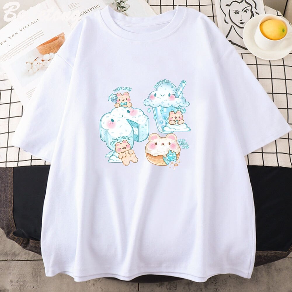 Kawaii Cloudy Snacking Brown Bear Unisex Tee - Image 4