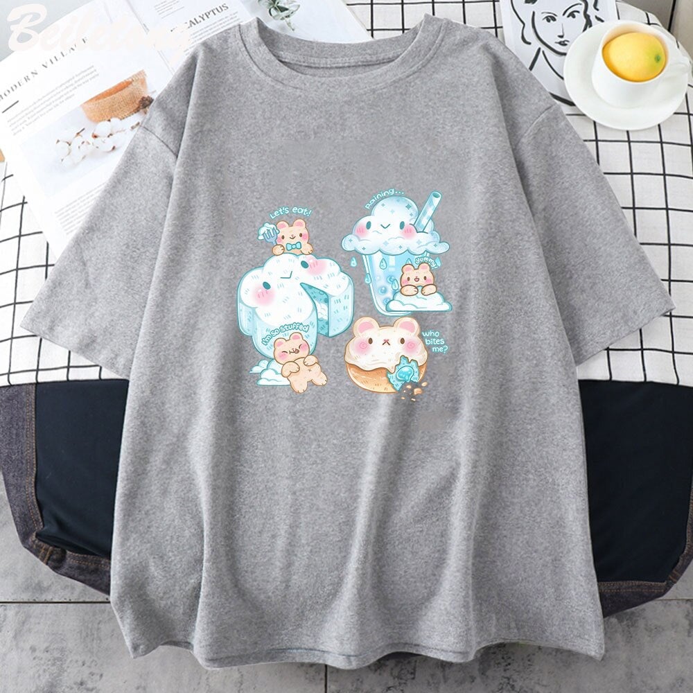 Kawaii Cloudy Snacking Brown Bear Unisex Tee - Image 6