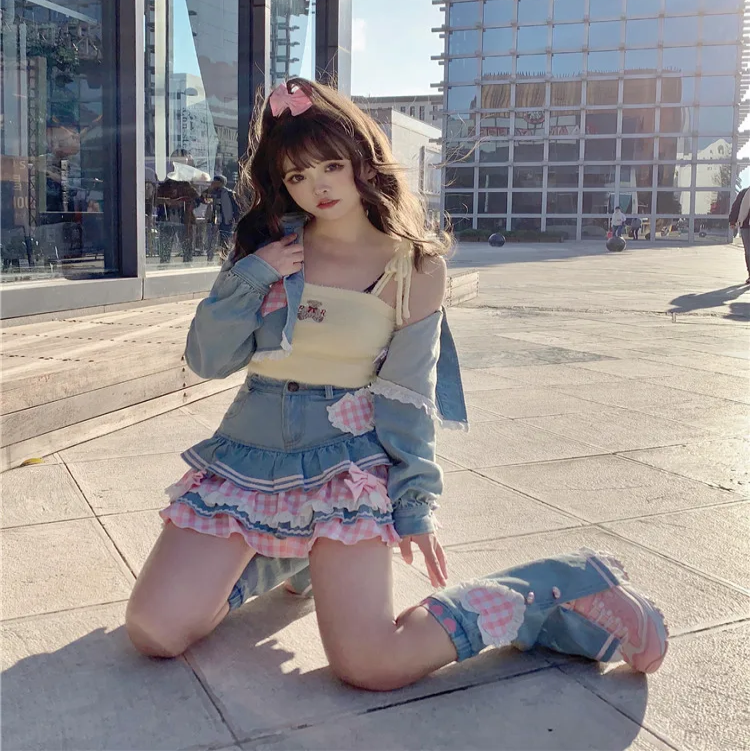 Kawaii Harajuku Japanese-themed Lolita Mini Denim Checked Women's Skirt - Image 2