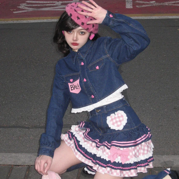 Kawaii Harajuku Japanese-themed Lolita Mini Denim Checked Women's Skirt - Image 3