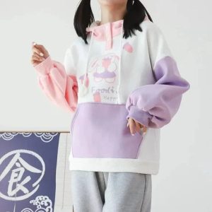 Kawaii Pink Purple White Bunny Strawberry Three-tone Hoodie