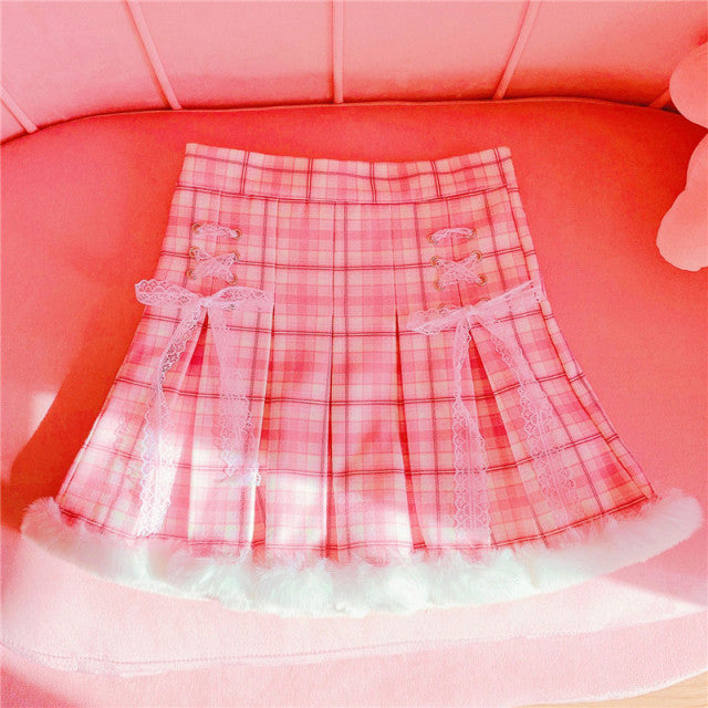 Kawaii Pleated Mini Pink Women Skirt with Lace, Fur, & Shorts - Image 2