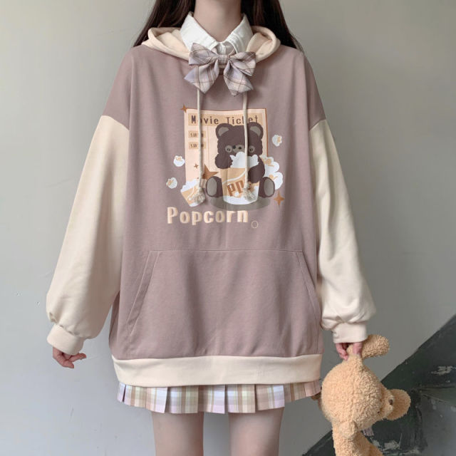 Kawaii Popcorn Brown Bear Loose Fit Two-Tone Hoodie - Image 2