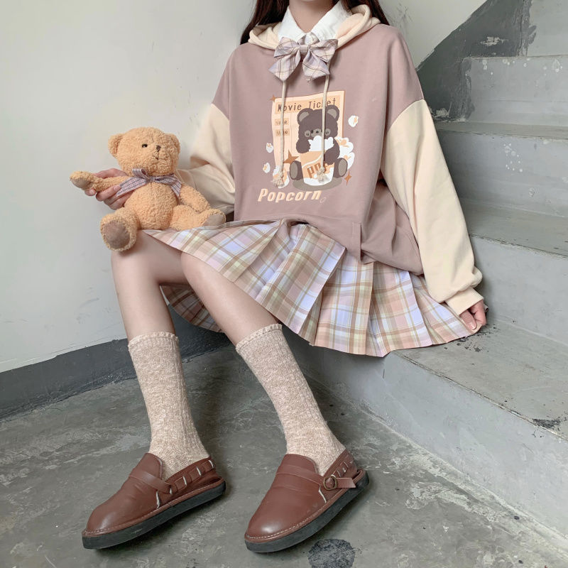 Kawaii Popcorn Brown Bear Loose Fit Two-Tone Hoodie