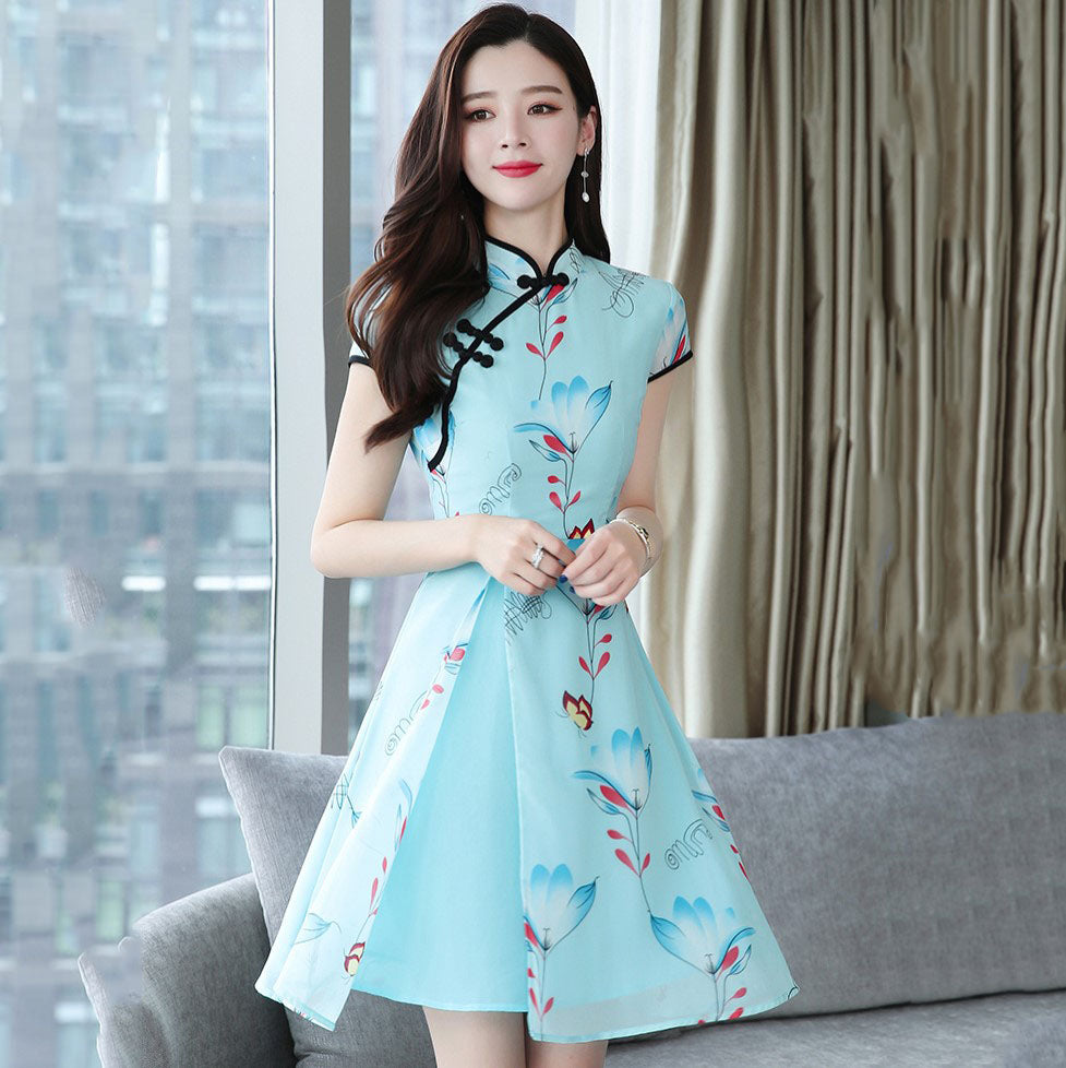 Modern Lotus Chiffon Qipao Cheongsam Dress - Image 2