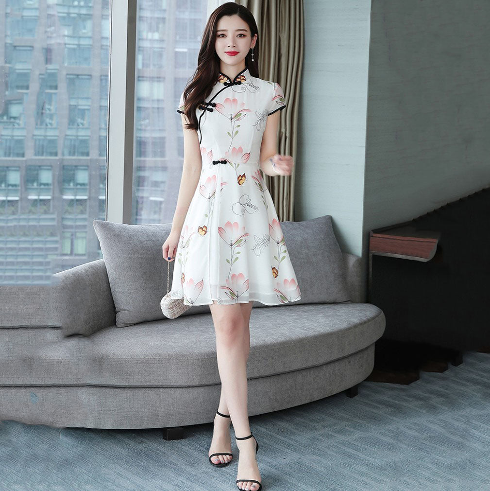 Modern Lotus Chiffon Qipao Cheongsam Dress - Image 3