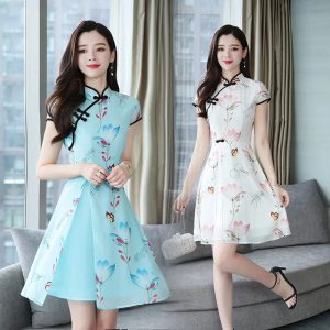 Modern Lotus Chiffon Qipao Cheongsam Dress