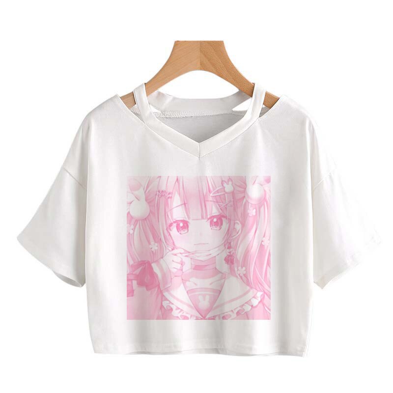 Pink Anime Girl Print V-neck Crop Top Tee - Image 2