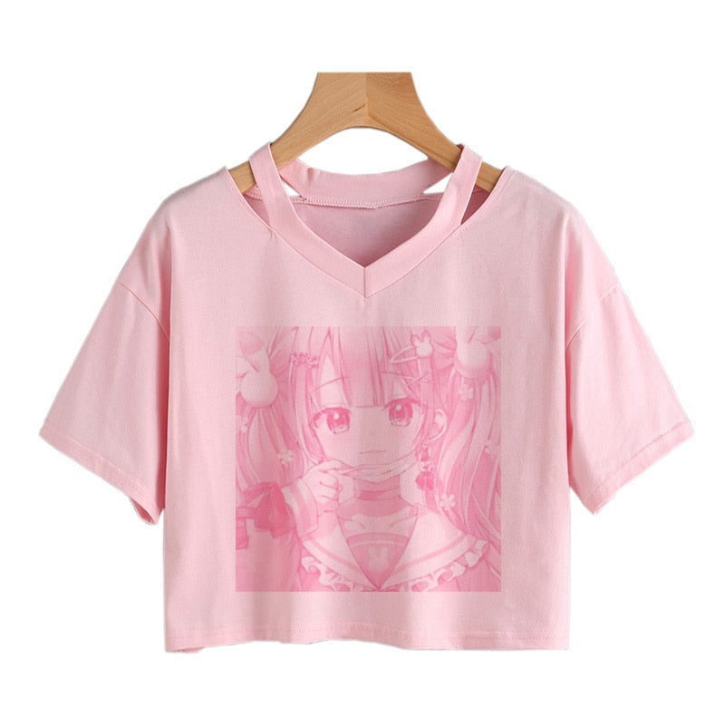 Pink Anime Girl Print V-neck Crop Top Tee - Image 3