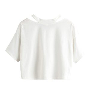Pink Anime Girl Print V-neck Crop Top Tee