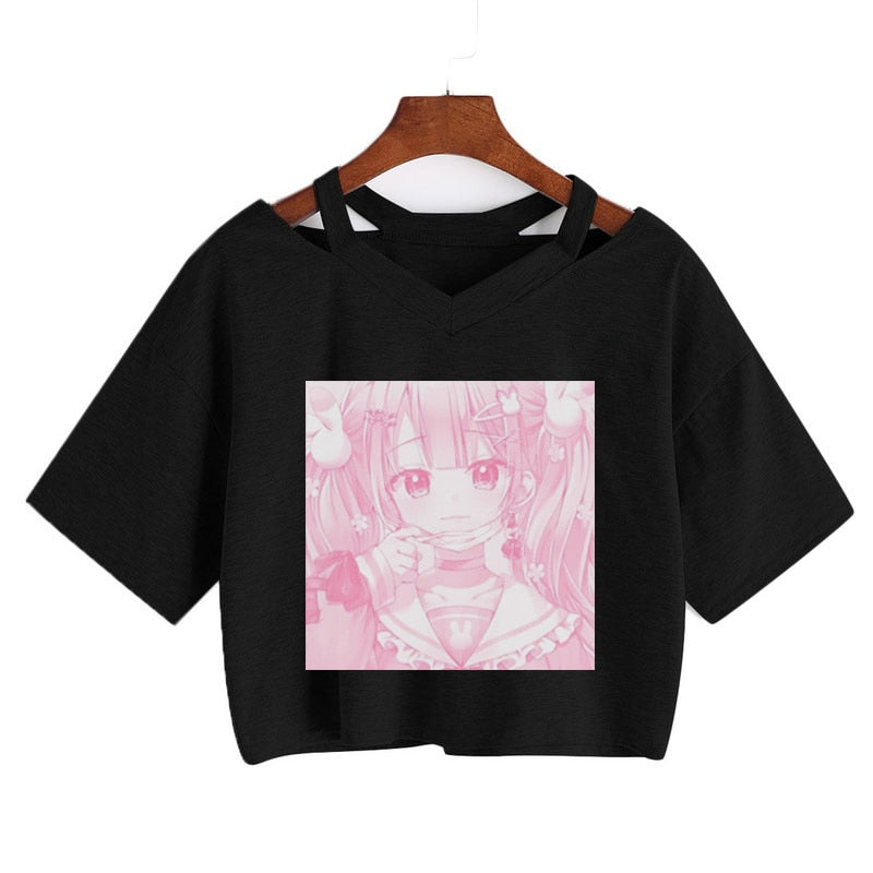 Pink Anime Girl Print V-neck Crop Top Tee - Image 4