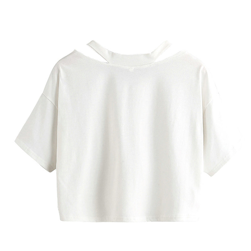 Pink Anime Girl Print V-neck Crop Top Tee