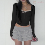 Pink Black Ribbon Laced Long Sleeve Women's Top