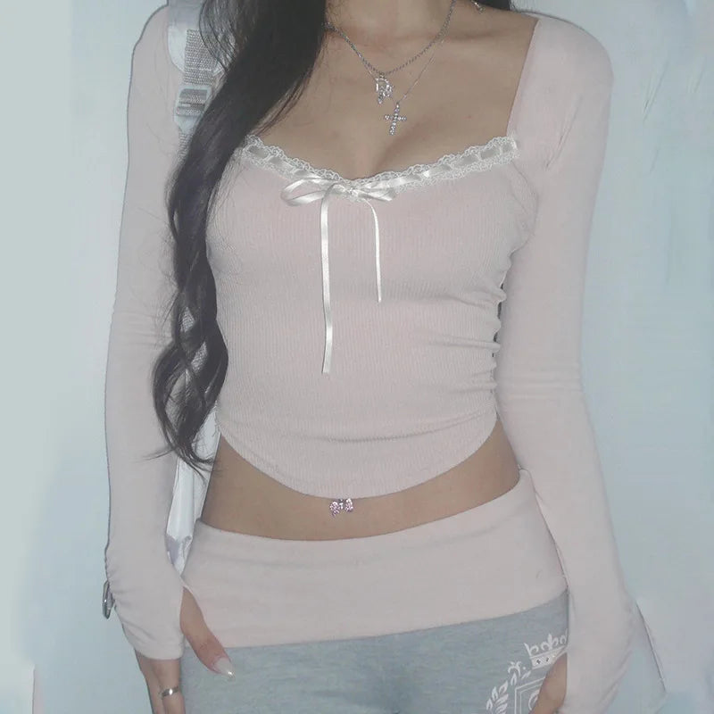 Pink Black Ribbon Laced Long Sleeve Women's Top - Image 2