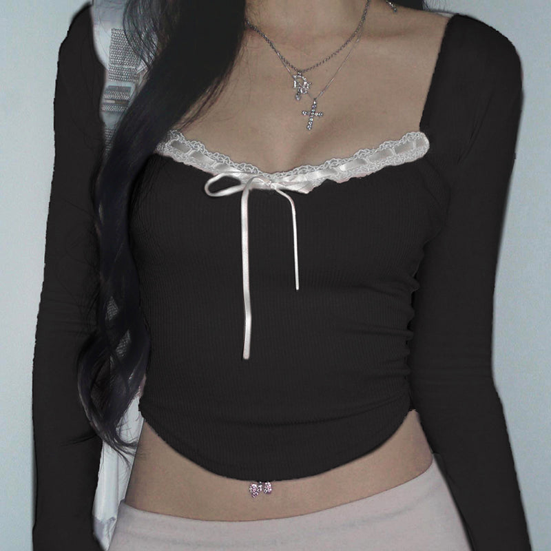 Pink Black Ribbon Laced Long Sleeve Women's Top - Image 3