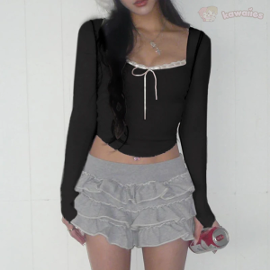 Pink Black Ribbon Laced Long Sleeve Women's Top