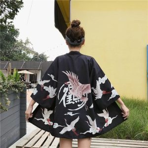 Pink Crane White Black Women's Kimono
