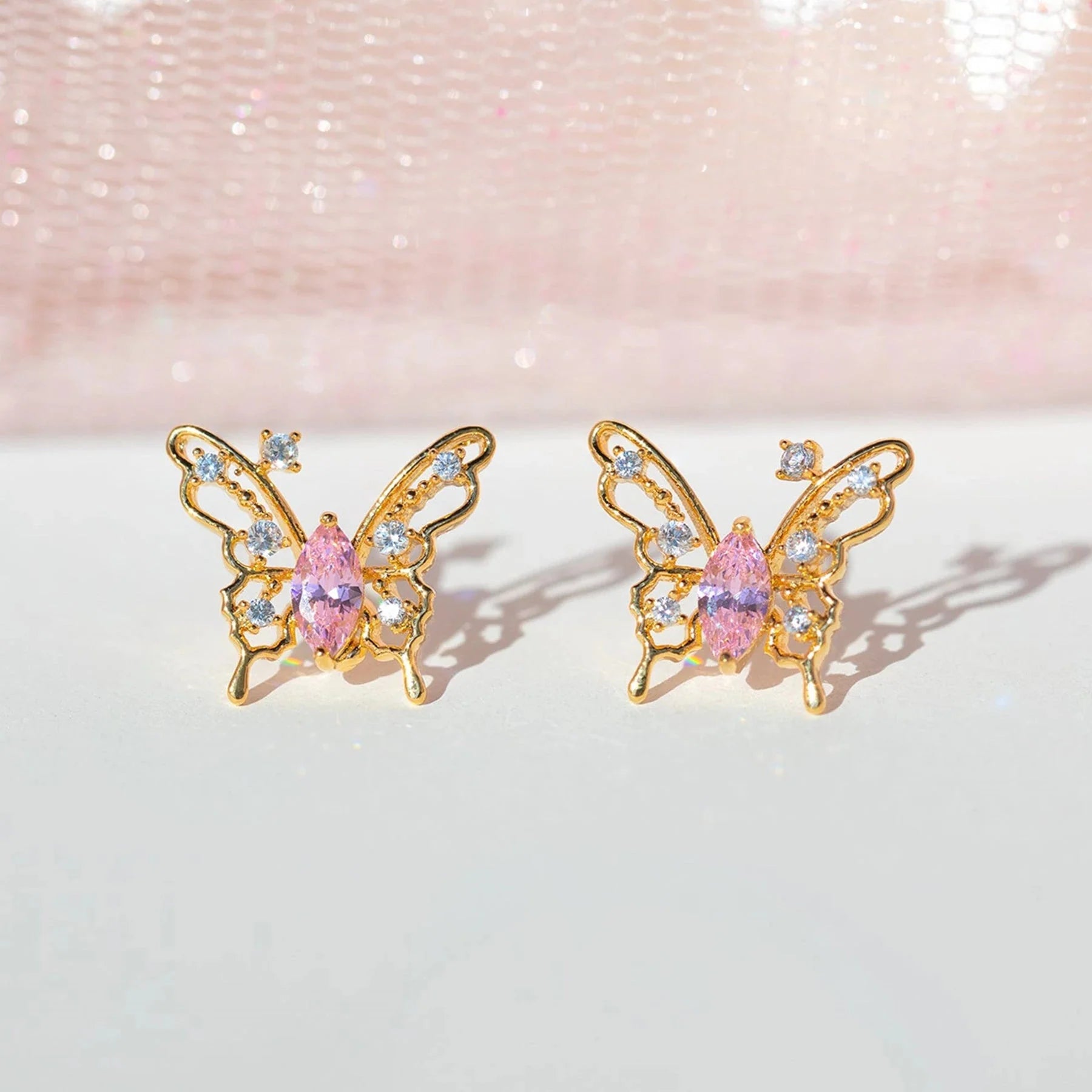Pink Starry Butterfly Gold-plated Stud Earrings - Image 2