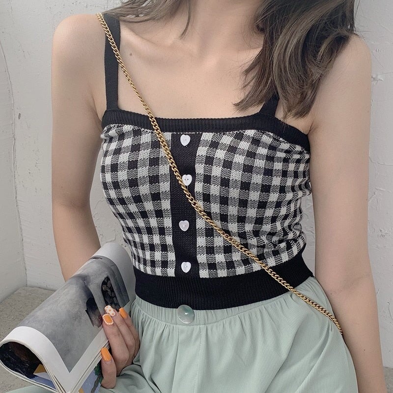 Plaid Checker Heart Button Knitted Women's Crop Top Sweater - Image 3