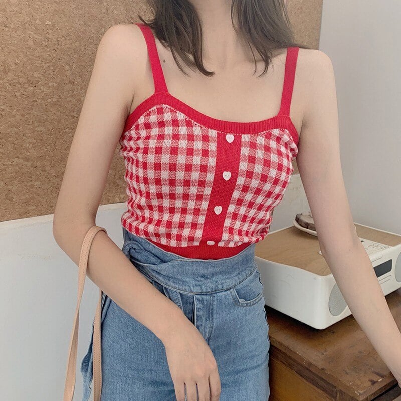 Plaid Checker Heart Button Knitted Women's Crop Top Sweater - Image 5