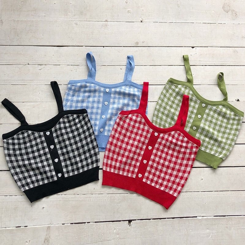 Plaid Checker Heart Button Knitted Women's Crop Top Sweater
