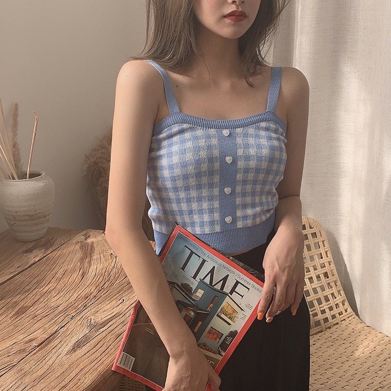 Plaid Checker Heart Button Knitted Women's Crop Top Sweater - Image 2