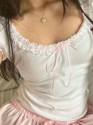 White Lace Trim Bow Crop Tee