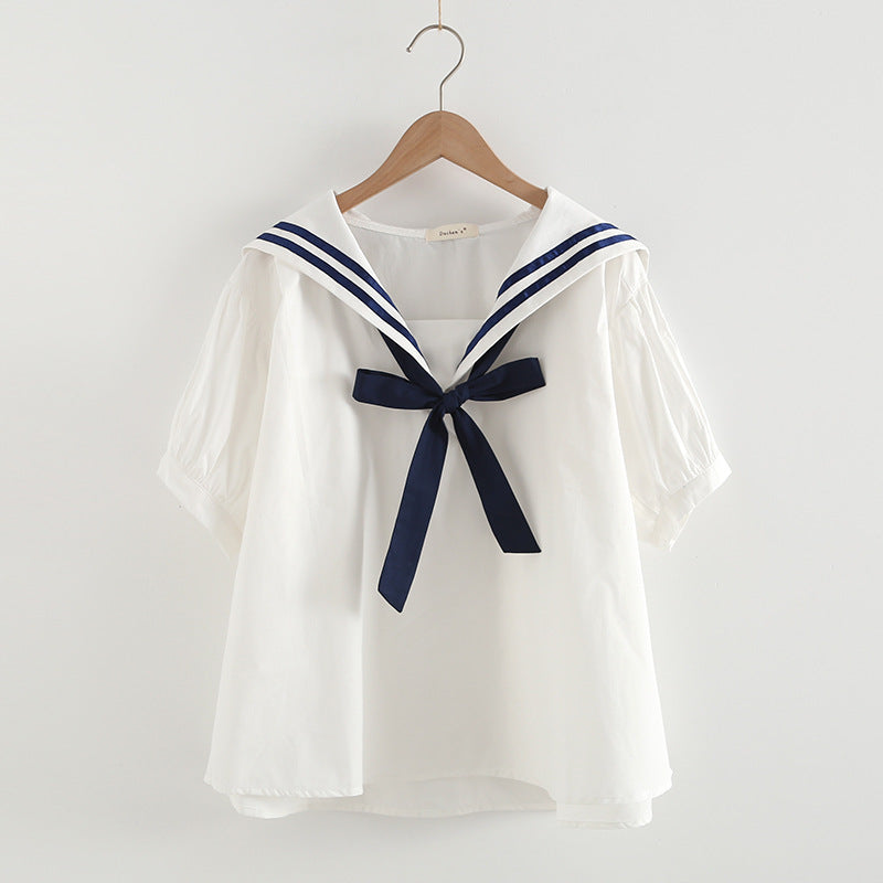 Sailor Moon Inspired Collar White Blue College Shirt Tie Women's Top - Image 3