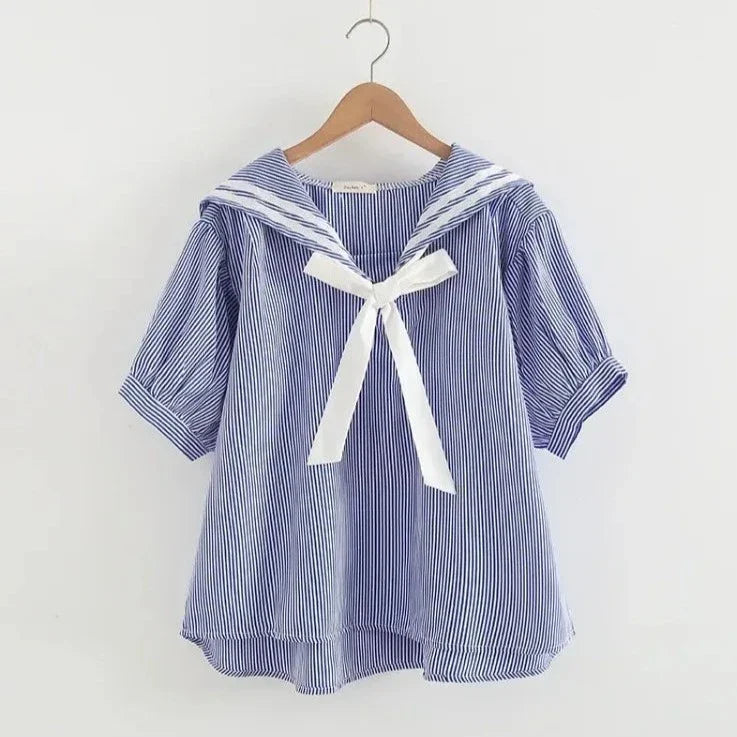 Sailor Moon Inspired Collar White Blue College Shirt Tie Women's Top - Image 4