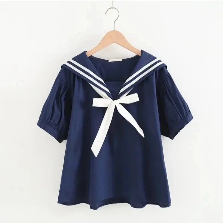 Sailor Moon Inspired Collar White Blue College Shirt Tie Women's Top - Image 5