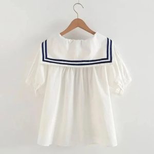 Sailor Moon Inspired Collar White Blue College Shirt Tie Women's  Top