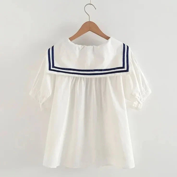 Sailor Moon Inspired Collar White Blue College Shirt Tie Women's Top
