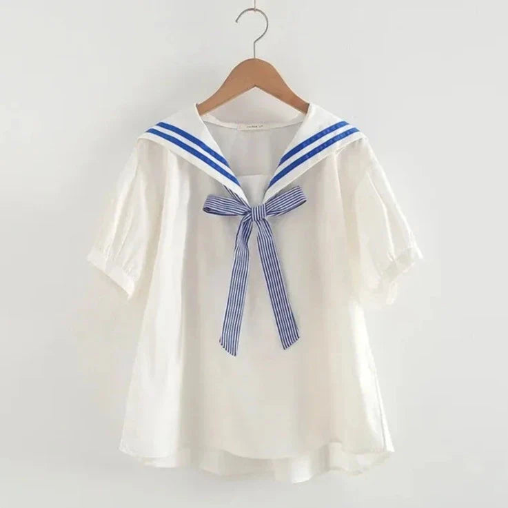 Sailor Moon Inspired Collar White Blue College Shirt Tie Women's Top - Image 2