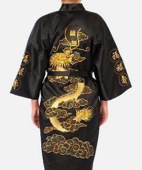 Satin Silk Golden Dragon Embroidery Long Kimono Gown - Image 2