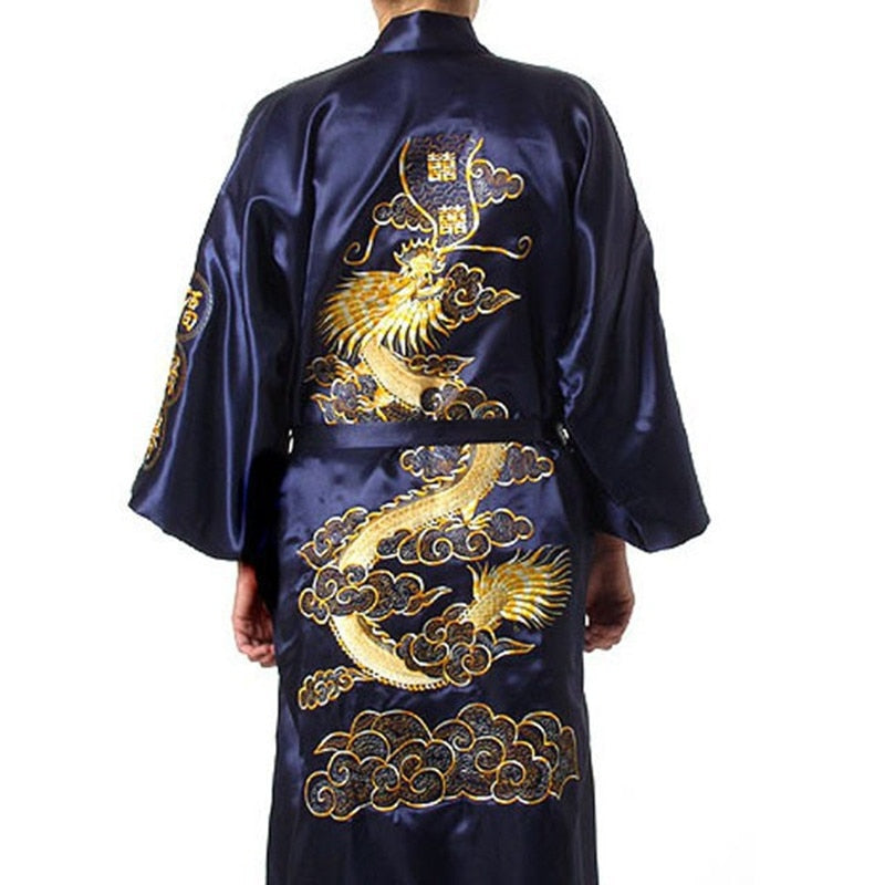 Satin Silk Golden Dragon Embroidery Long Kimono Gown - Image 3