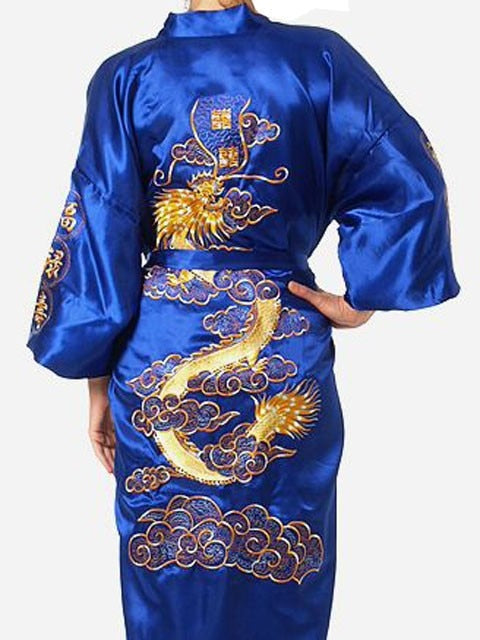 Satin Silk Golden Dragon Embroidery Long Kimono Gown - Image 4