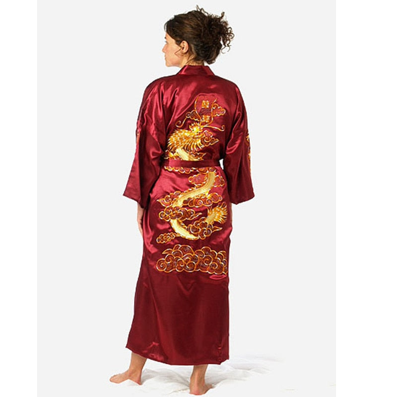 Satin Silk Golden Dragon Embroidery Long Kimono Gown - Image 5