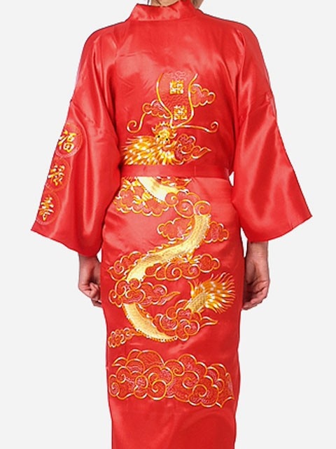 Satin Silk Golden Dragon Embroidery Long Kimono Gown - Image 6