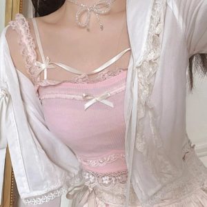 Sweet Lace Bow Knit Crop Tank Top
