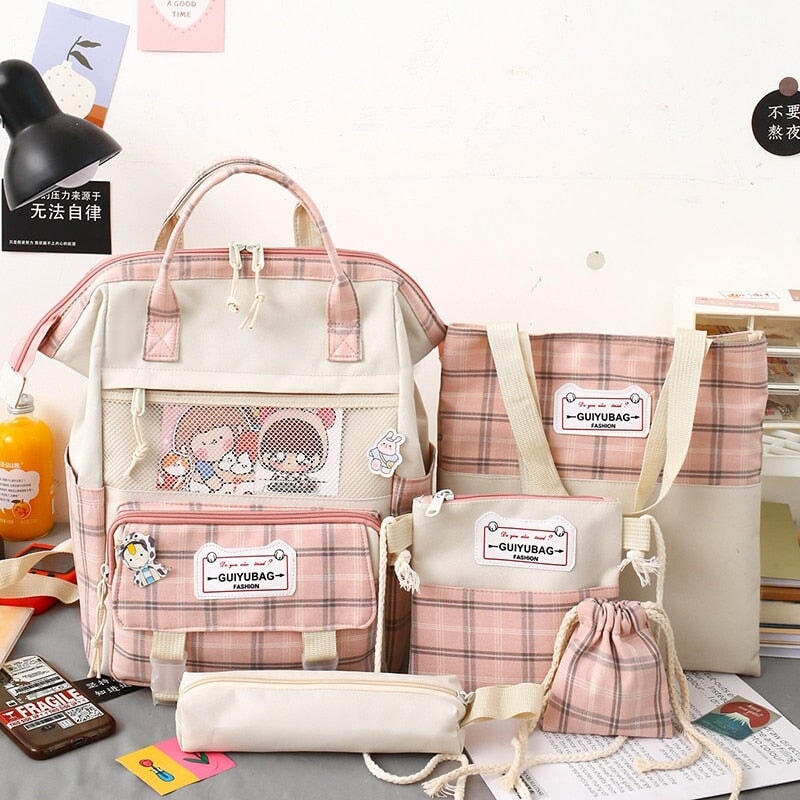 Set of 5 Kawaii Plaid Backpack Bag Collection - Image 2