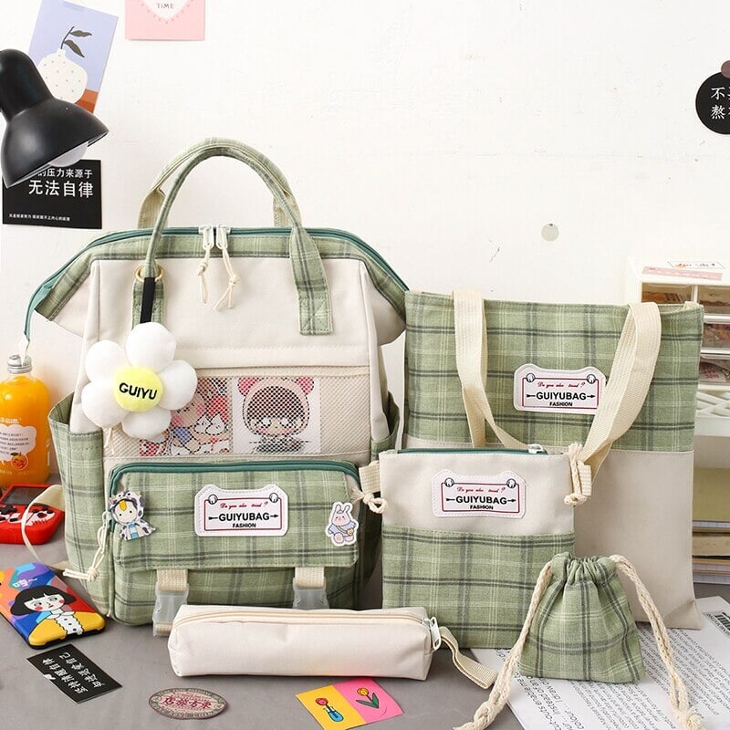 Set of 5 Kawaii Plaid Backpack Bag Collection - Image 5