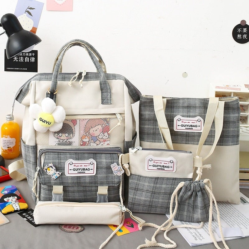 Set of 5 Kawaii Plaid Backpack Bag Collection - Image 3