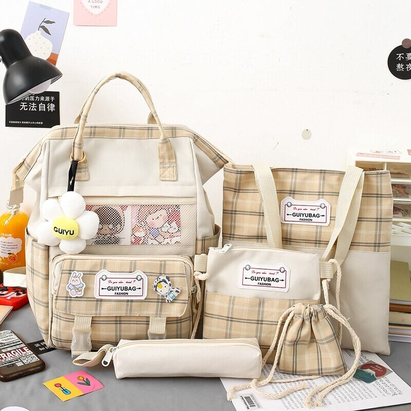 Set of 5 Kawaii Plaid Backpack Bag Collection - Image 4