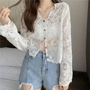 Sheer Long Sleeve Button Women's Cardigan