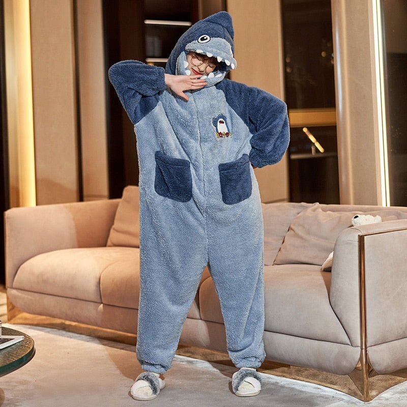 Soft Blue Shark Fluffy Pyjama 1-Piece Set - Image 2